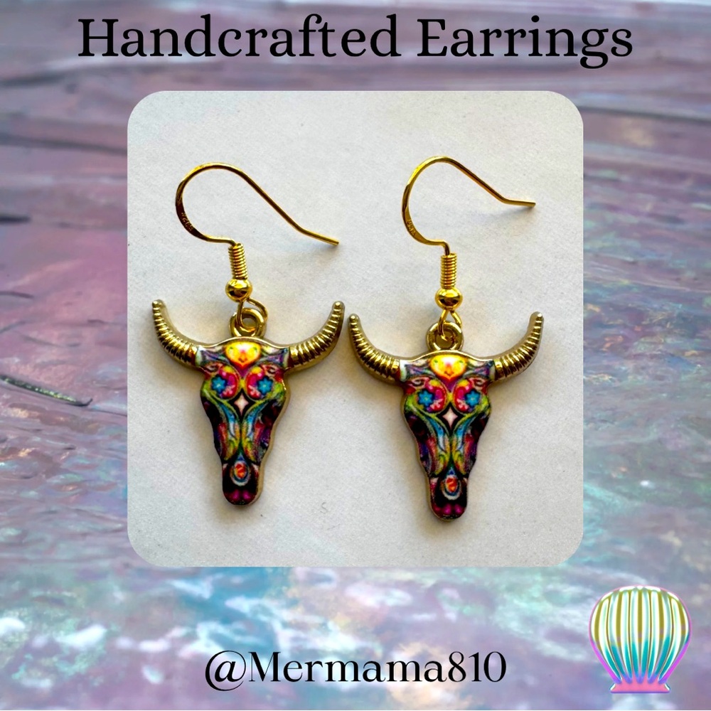 Handcrafted Colorful Bull Skull Earrings